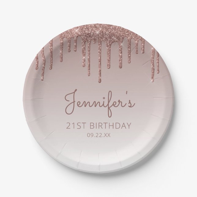 Assiettes En Carton Chic Rose Gold Parties scintillant Drip 21st Birth (Devant)