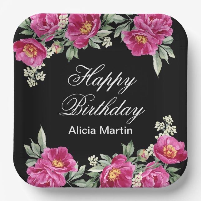 Assiettes En Carton Chic rose Violet Peony Floral Noir Anniversaire (Recto)