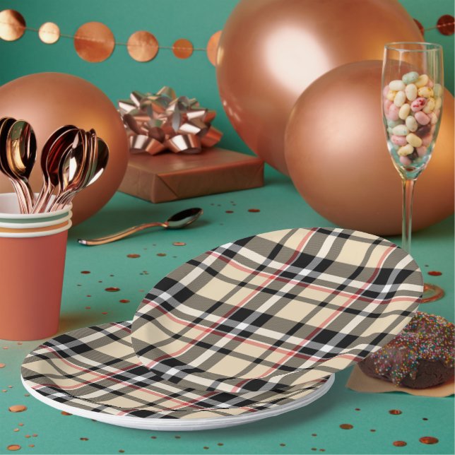 Assiettes En Carton Chic Rouge Beige Noir Blanc Plaid Stripes Motif (Multi)