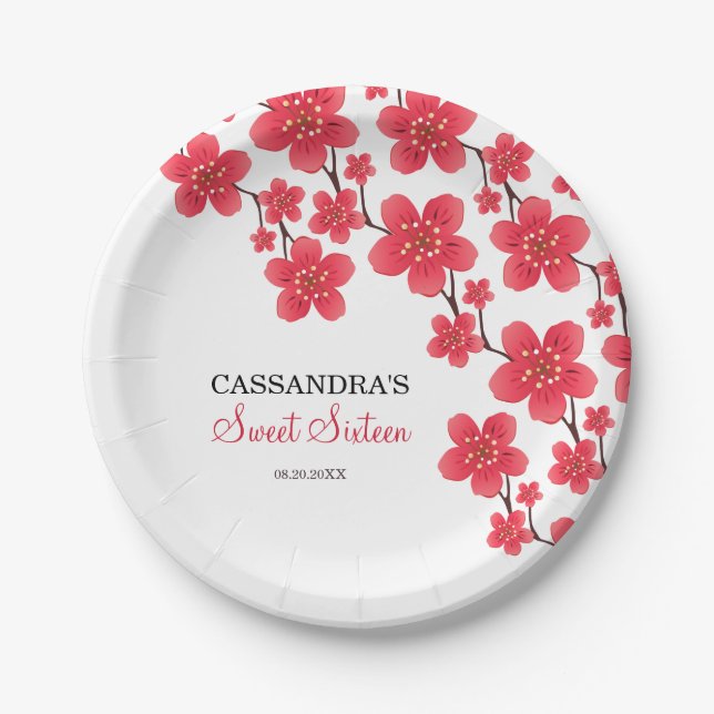 Assiettes En Carton Chic rouge cerisier fleurs florales Anniversaire b (Devant)