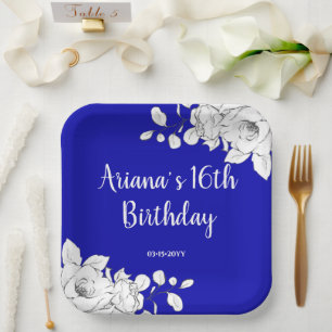 Assiettes En Carton Chic Royal Blue Blanc Floral Fête d'anniversaire