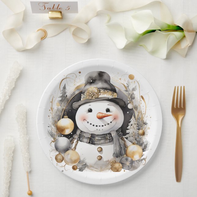 Assiettes En Carton Chic Snowman: Black and Gold Holiday Charm (Mariage)