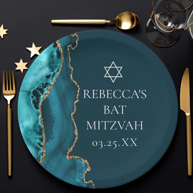 Assiettes En Carton Chic Turquoise Gold Agate Bat mitzvah Party (Créateur téléchargé)