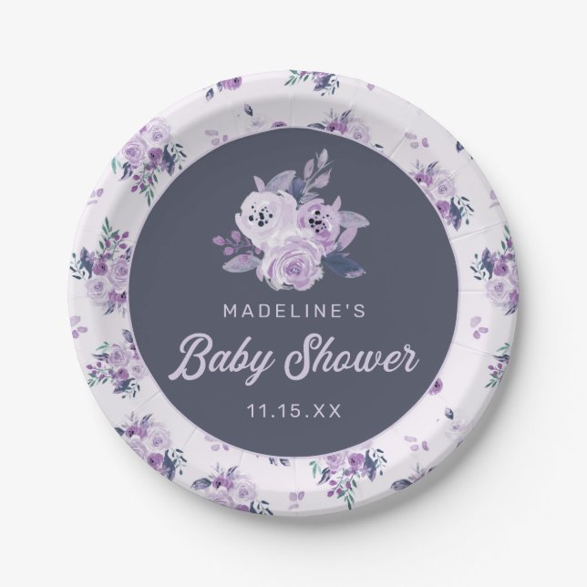 Assiettes En Carton Chic Violet Lavande Purple Baby shower Floral (Devant)