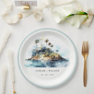 Assiettes En Carton Chic Watercolor Seascape Palm Tree Island Mariage