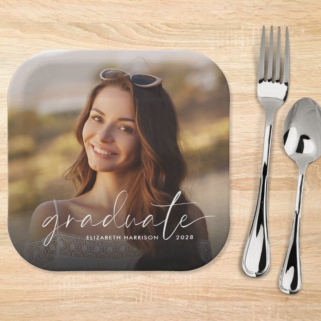 Assiettes En Carton Chic White Script Photo Overlay Party (Créateur téléchargé)