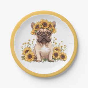 Assiettes En Carton Chien À Balle Français Entouré De Tournesols