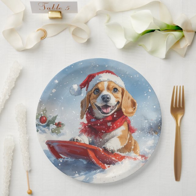 Assiettes En Carton Chien beagle dans la boue Laisser il neige Noël (Mariage)