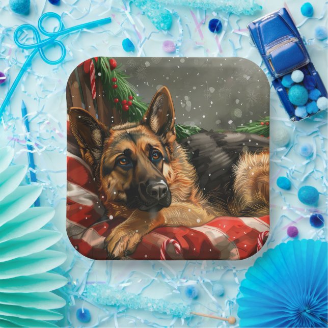 Assiettes En Carton Chien berger allemand Noël Festif (Fête)