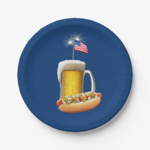 Assiettes En Carton Chien chaud et bière avec drapeau
