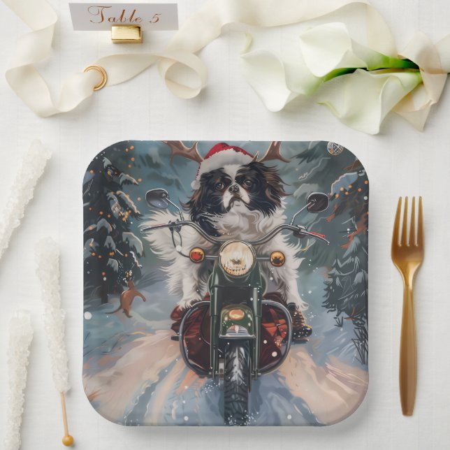 Assiettes En Carton Chien Chin japonais équitation moto Noël (Mariage)