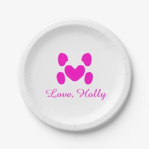 Assiettes En Carton Chien coeur patte rose animal familier ajouter nom