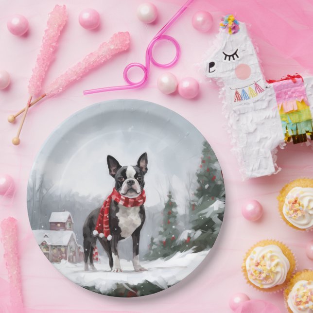 Assiettes En Carton Chien de Boston Terrier pendant Noël de neige (Fête)