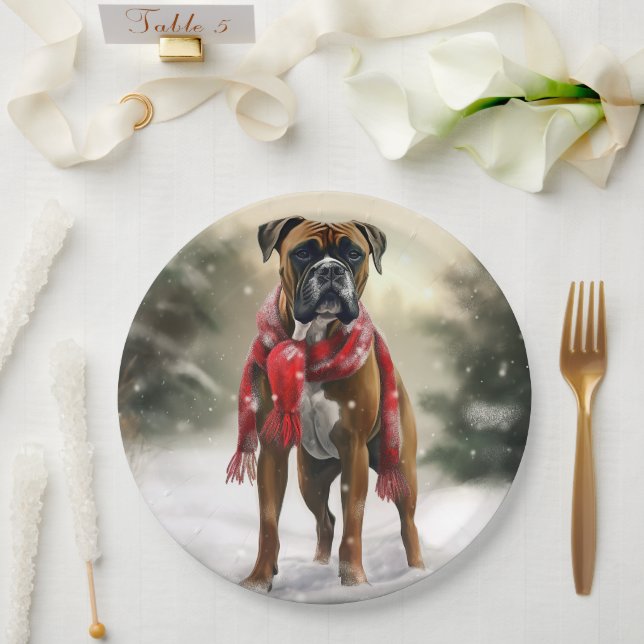 Assiettes En Carton Chien de boxe en Noël de neige (Mariage)