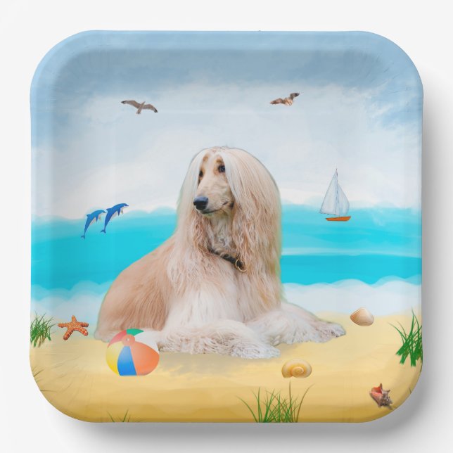Assiettes En Carton Chien de chien afghan sur la plage (Recto)
