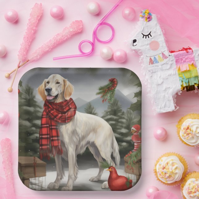 Assiettes En Carton Chien de coin anglais en Noël de neige (Fête)