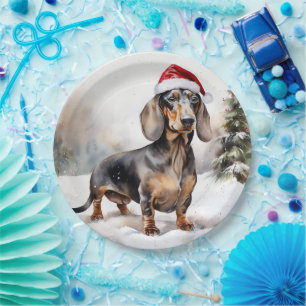 Assiettes En Carton Chien de Dachshund à Noël de neige