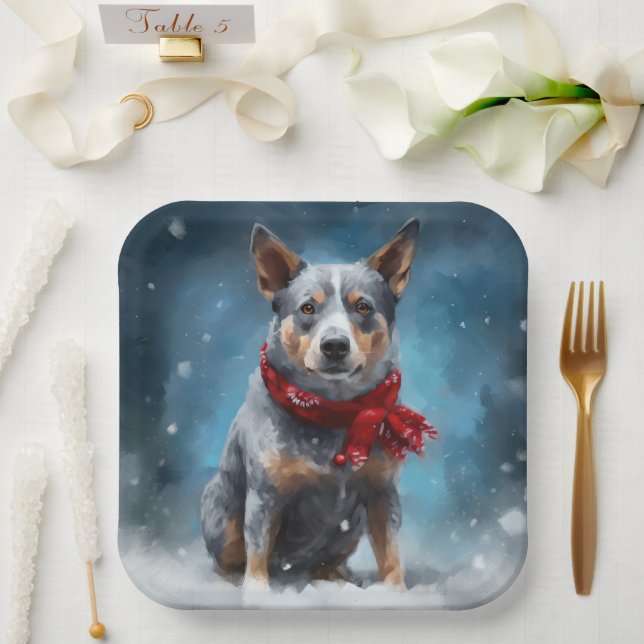 Assiettes En Carton Chien de Heeler Bleu à Noël de neige (Mariage)