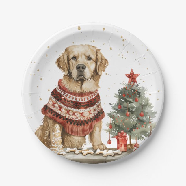 Assiettes En Carton Chien de Noël Golden Retriever (Devant)