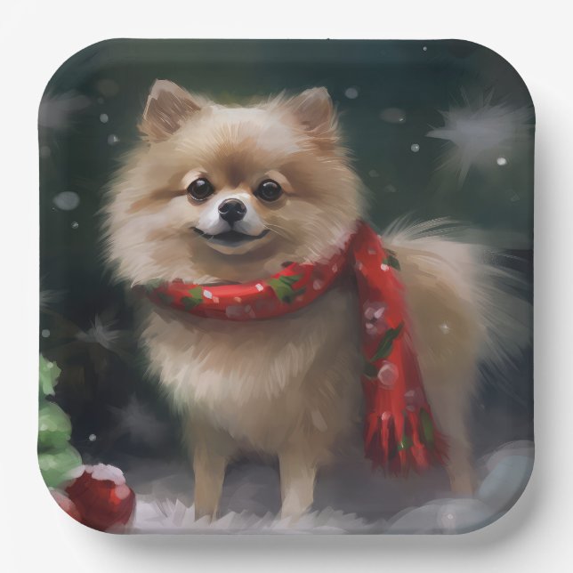 Assiettes En Carton Chien de Poméranie en Noël de neige (Recto)
