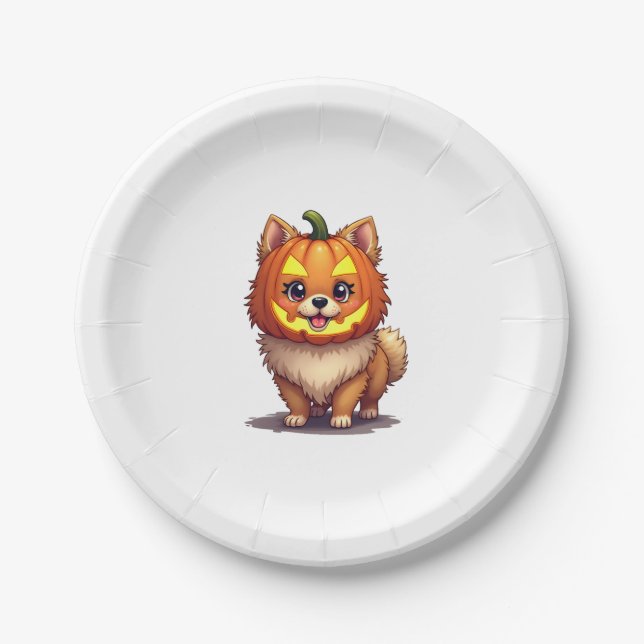 Assiettes En Carton Chien de Poméranie, Masque citrouille (Devant)