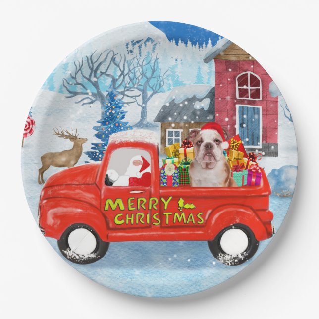 Assiettes En Carton Chien de taureau anglais dans la livraison de Noël (Devant)