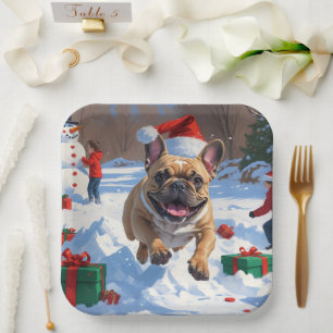 Assiettes En Carton Chien de taureau français coule en neige avec Casq