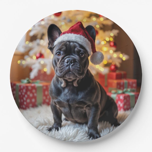 Assiettes En Carton Chien de taureau noir de Noël (Devant)
