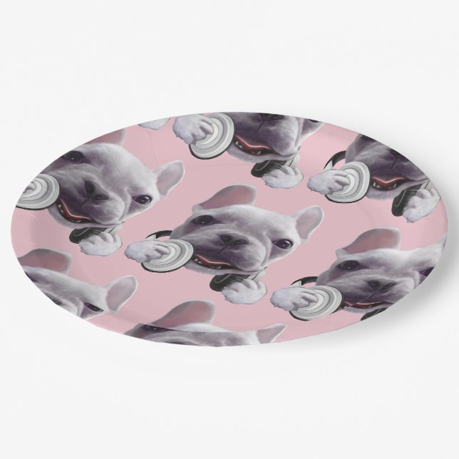 Assiettes En Carton Chien de taureaux français avec casque Illustratio (Angle)