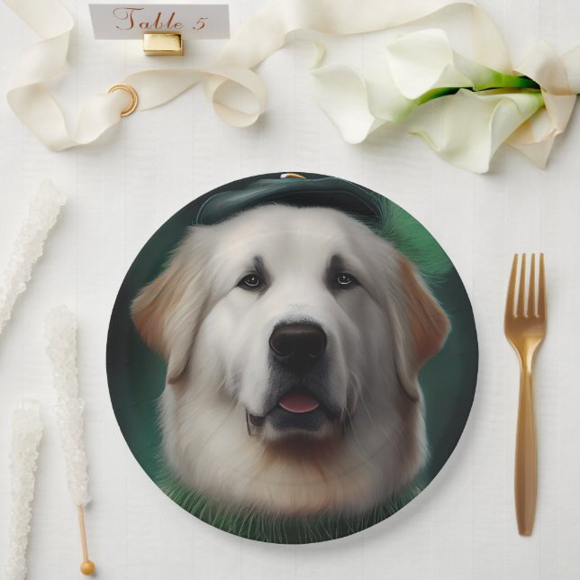 Assiettes En Carton Chien des Pyrénées dans la robe de la Saint Patric (Mariage)