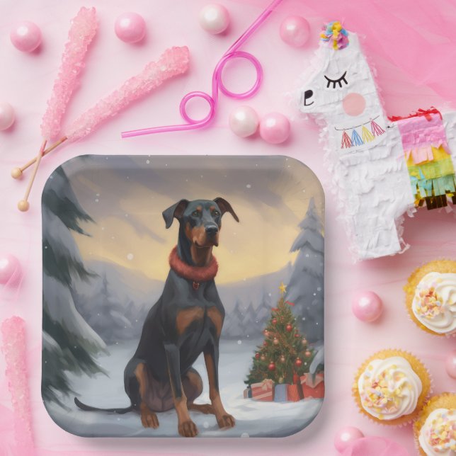 Assiettes En Carton Chien Doberman pendant Noël de neige (Fête)