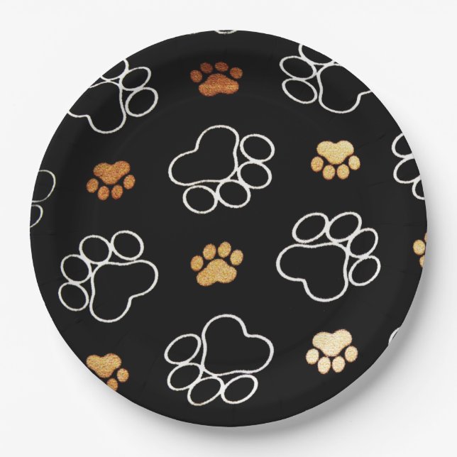 Assiettes En Carton Chien drôle PawPrints des plaques à papier noires (Devant)