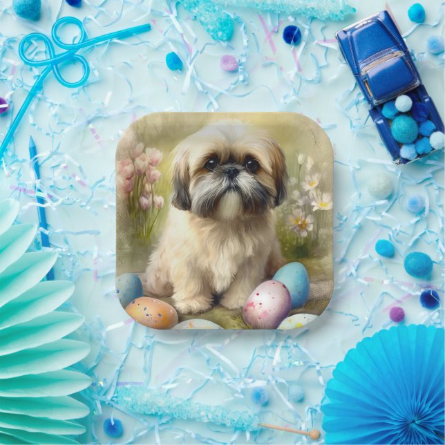 Assiettes En Carton Chien Lhassa Apso avec oeufs de Pâques vacances (Fête)