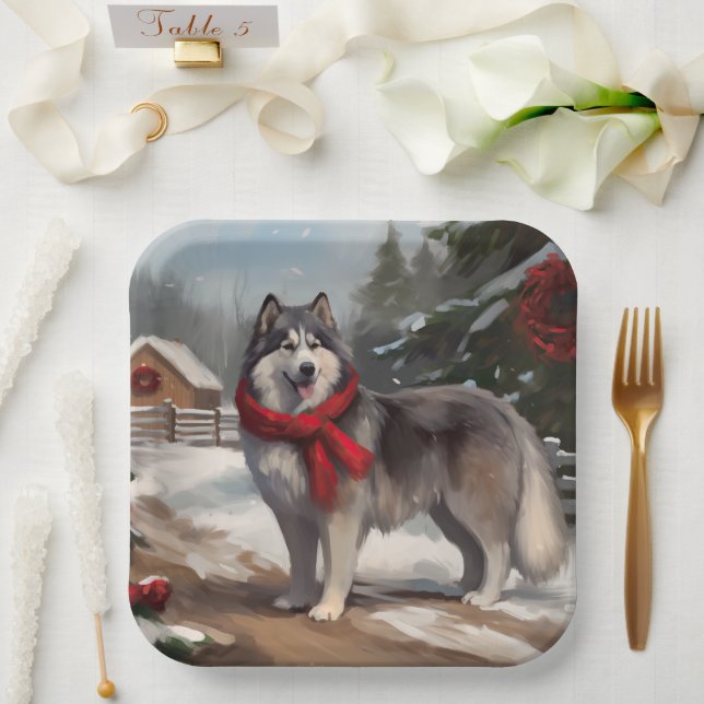 Assiettes En Carton Chien malamué de l'Alaska en Noël de neige (Mariage)