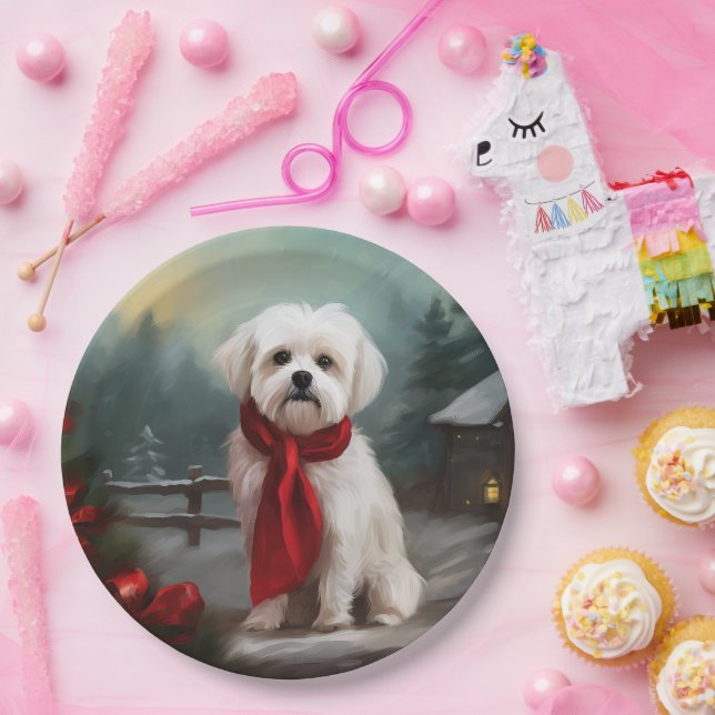 Assiettes En Carton Chien maltais à Noël de neige (Fête)