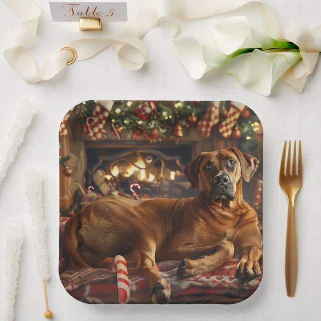 Assiettes En Carton Chien Rhodesian Ridgeback Noël Festif (Mariage)