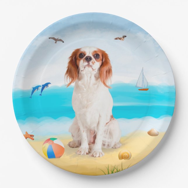 Assiettes En Carton Chien roi cavalier sur la plage (Devant)