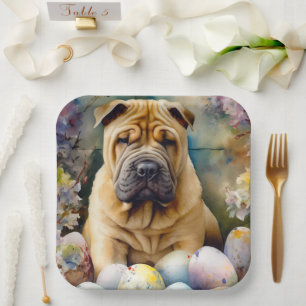 Assiettes En Carton Chien Shar Pei avec vacances de œufs de Pâques
