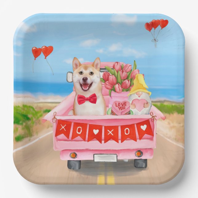 Assiettes En Carton Chien Shiba Inu Saint Valentin Coeurs de Camion (Recto)