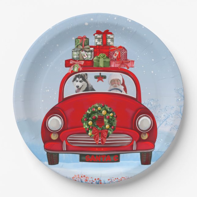 Assiettes En Carton Chien Sibérien Husky En Voiture Avec Le Père Noël (Devant)