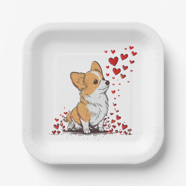 Assiettes En Carton Chien Valentine Cute Corgi Saint Valentin (Recto)