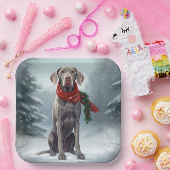 Assiettes En Carton Chien Weimaraner à Noël de neige (Fête)