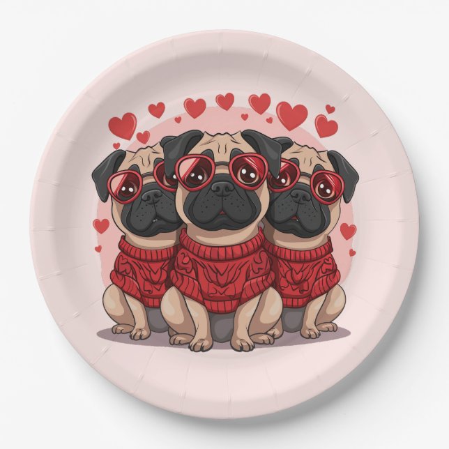 Assiettes En Carton Chiens de Carlin de la Saint-Valentin (Devant)