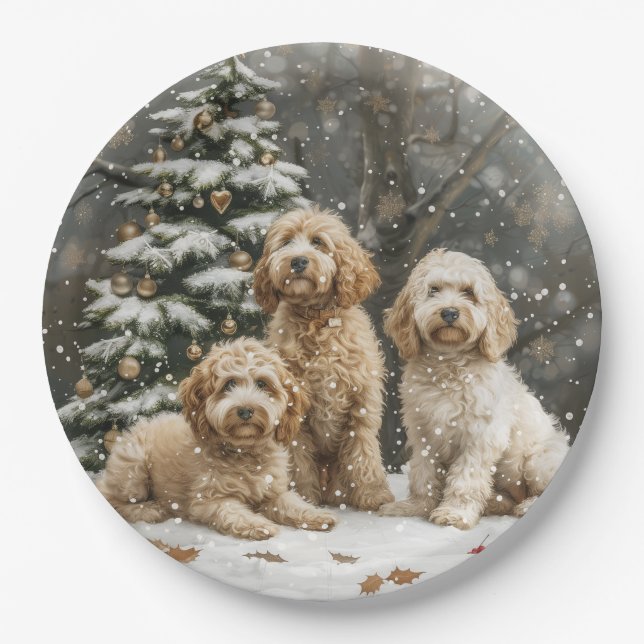 Assiettes En Carton Chiens de chiot de Noël Goldendoodle (Devant)
