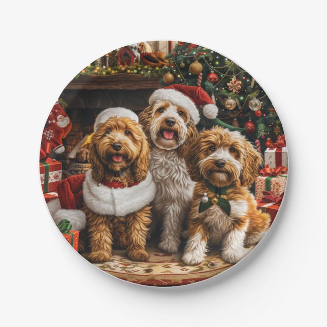 Assiettes En Carton Chiens de chiot de Noël Goldendoodle (Devant)