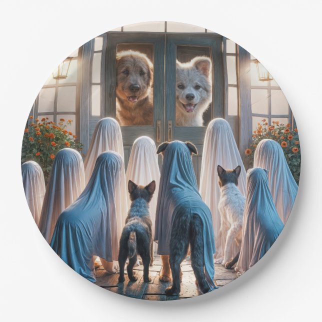 Assiettes En Carton Chiens fantômes d'Halloween (Devant)