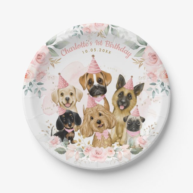 Assiettes En Carton Chiens roses Roses Roses Chiens Chiens Filles Anni (Devant)