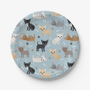 Assiettes En Carton Chihuahua Bones and Paws Blue Paper Plate