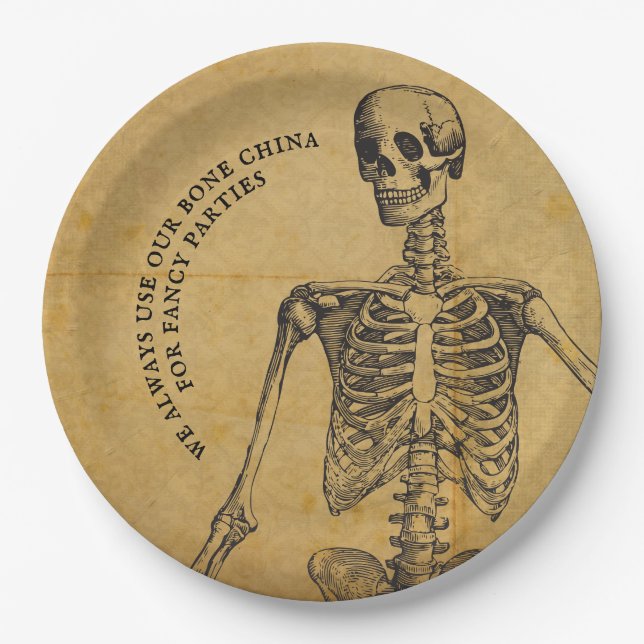 Assiettes En Carton Chine osseuse d'Halloween | Squelette antique vint (Devant)