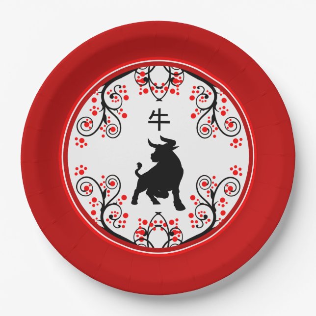 Assiettes En Carton Chinese New Year Ox with Red Blossoms (Devant)